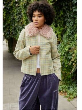 Kimchi Blue Plaid Jacket with Pink Faux-Fur Collar